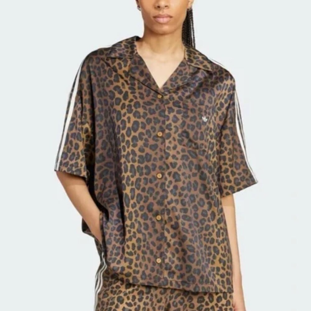 Adidas Brown Leopard Print Satin Button Down Shirt
